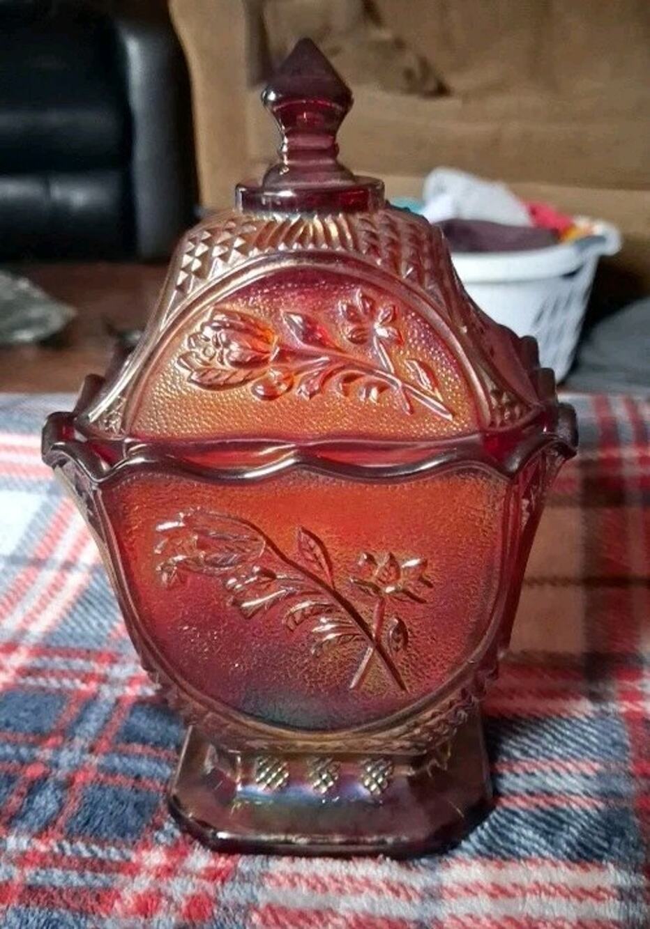 Imperial Red Carnival Glass Footed Lidded Candy Dish Roses In The Snow